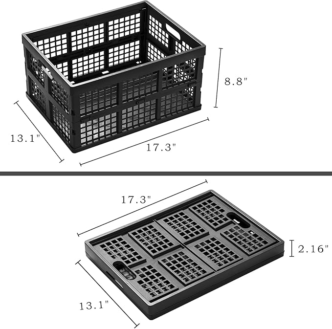 Eslite 34L Large Plastic Folding Storage Crates,Collapsible Crates for Storage,Pack of 3 (Black)