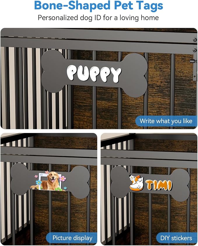 Petrova 40" Dog Crate Furniture with LED Light & 2 Storage Drawers, Heavy Duty Indoor Dog Kennel for Medium/Small Dogs, Wooden Dog Cage with Power Outlets, Charging Station, Lockable Wheels, Brown