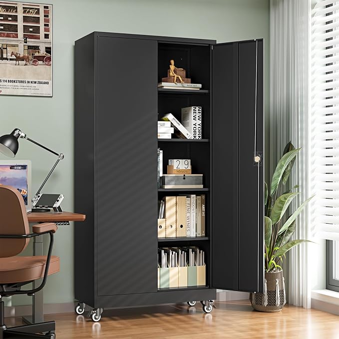 Metal Garage Storage Cabinets with Wheels,Steel Tool Cabinets Lock Door and Adjustable Shelves for Home,Office,Warehouse Organisieren (Black, 75" H) (Pack of 2)