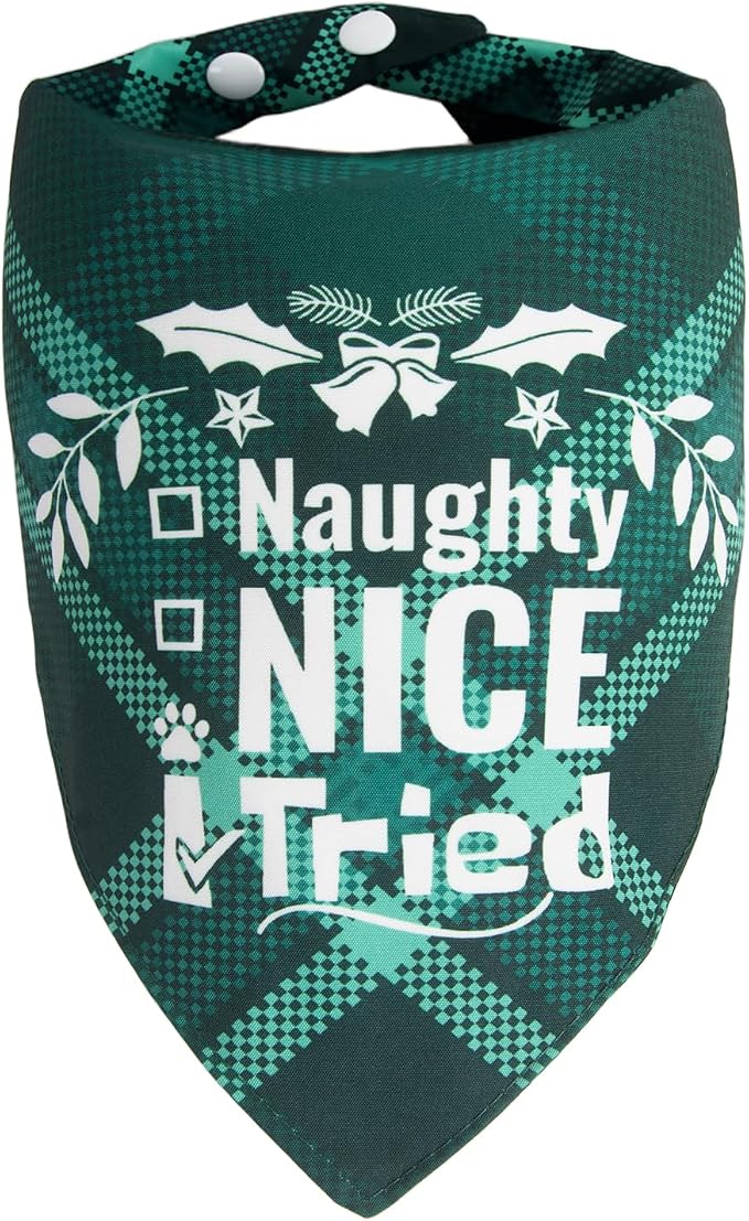 Christmas Dog Bandanas Pets Funny Holiday Costume Gift Xmas Stocking Stuffers - Naughty Nice I Tried, Green Plaid, Extra Large Breed, 75lbs+