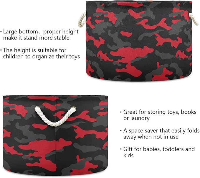 Red Black Camo Print Collapsible Round Storage Basket with Handles | Hunter Camouflage Large Laundry Baskets Hamper, Clothes Organizer Bin for Bedroom Living Room Decor, 20x 20x 14 Inches