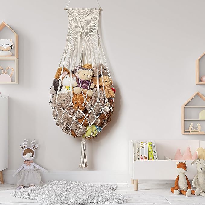 Amdermi Stuffed Animal Net or Hammock Wall Hanging Net Over Door Organizer for Stuffies Plush Toy Storage Boho Macrame Toy Display Nursery Bedroom Decor Stuffy Animal Toy Organizer (Cream)