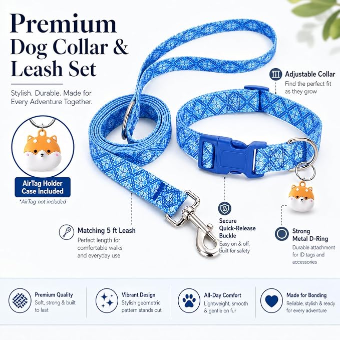 Matching Dog Collar and Leash Set with AirTag Holder-Blue Geometry/L | Anti-Lost,Adjustable Durable Pet Collar Leash Combo for Large Boy Girl Dogs,for Outdoor Walking Hiking Training Running