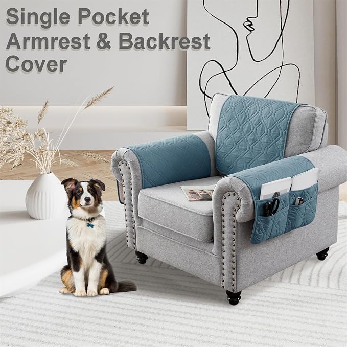Waterproof Armrest Chair Covers with 6 Side Pocket 1 2 3 Seater Anti-Slip Chair Headrest Cover Armchair Slipcover Washable Protector for Pets Leather Sofa Couch (Gray Blue,2 Seater 4PCS)