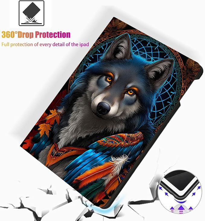 for Microsoft Surface Pro 7 Plus,Surface Pro 7/6/5/4 12.3" Tablet Case,Auto Wake/Sleep,Adjustable Stand Protective Cover - Wolf Dreamcatcher