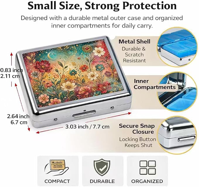 Weekly Pill Organizer with Mirror, 8 Compartments Chrome Pill Box, Portable Travel Medication Organizer for Vitamins and Supplements, Compact Pocket Pill Case for Daily Use (Painted Flowers)