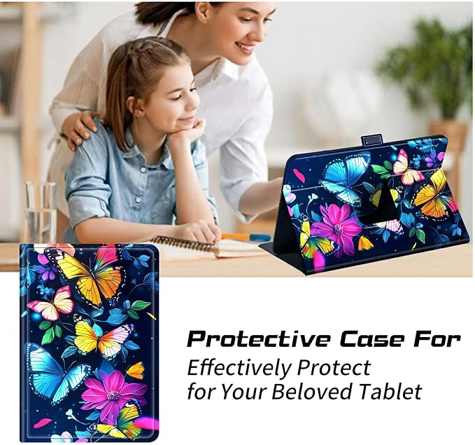 Universal Case for T-Mobile Revvl Tab 2 10.1" Model:9185W 2025/Revvl Tab 5G 10.36" 2023, 360 Degree Rotating Kickstand Protective Stand Leather Shell Cover for 9"-10.5", Colorful Butterfly