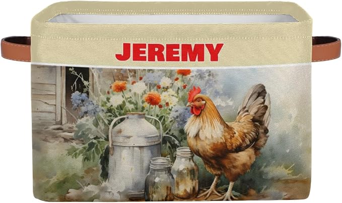 Custom Storage Baskets for Kids with Name, Large Foldable Organizer Collapsible Storage Bin with Leather Handle for Home Toys Closet Nursery, Farmhouse Hen Countryside
