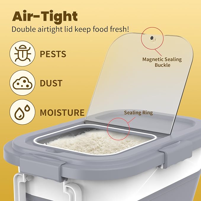 HOYTAMDA 20-30Lbs Rice Container,Collapsible Food Storage Container Wheels | Rice Storage Container with Airtight Locking Lid,Handle,Small Bin &Scoop,Rice Dispenser for Flour Sugar Cereal Grain Dog Cat