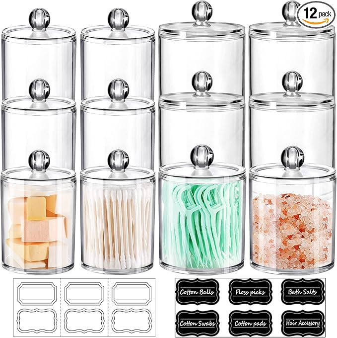 SheeChung 12 Pack Acrylic Qtip Holder with Labels,Qtip Jars for Bathroom | (6) 12oz &(6) 15oz Clear Qtip Holder Set,Shatterproof Bathroom Vanity Organizer for Cotton Swabs,Balls,Pads,Minimalist Decor