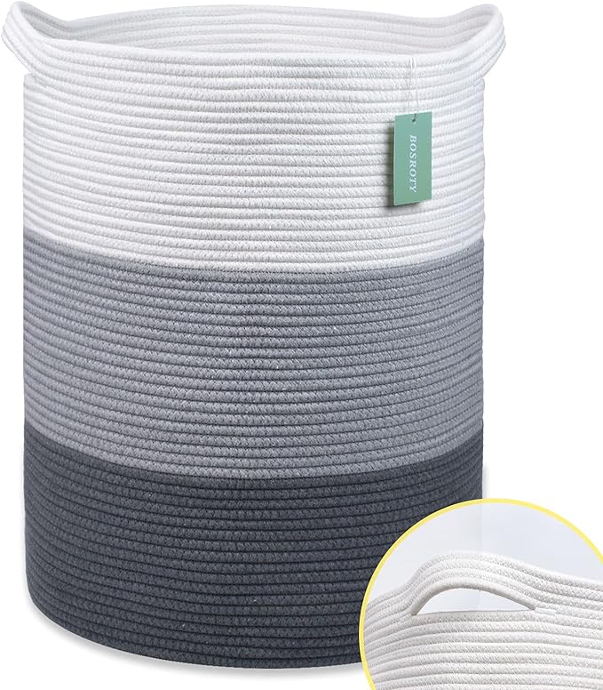 Cotton Rope Blanket Basket, 72L Tall Laundry Hamper, White & Gray