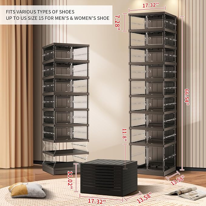 CIMLORD 9-Tier Foldable Shoe Rack, Magnetic Clear Doors, 18 Pairs, Black | Collapsible Narrow Plastic Shoe Cabinet, Stackable, Lidded, Tool-Free Assembly, Fits Boots & Sneakers, Closet & Entryway