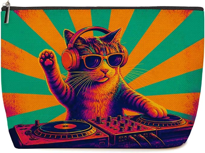 Cool DJ Cat Makeup Bag Funny Cat Headphones Cosmetic Bag Gifts for Women 02 | Cool Durable Travel Organizer Pouch for Women, Outdoor Portable Toiletry Bag, Stylish Cat Lovers Gift