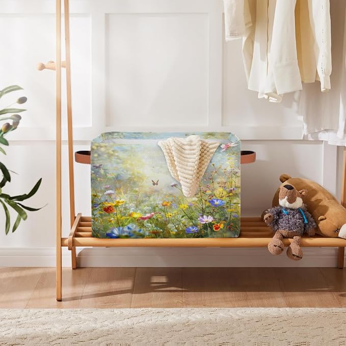 Storage Baskets Bin, Spring Wild Flowers Butterfly Collapsible Canvas Fabric Storage Bin Decorative Baskets Toy Organizer Rectangle Storage Boxes with Handles for Home Shelves Nursery,1Pack,A-696