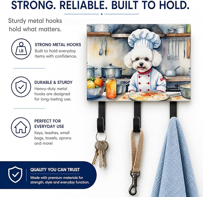 Caroline's Treasures Bichon Frise The Chef Leash or Key Holder Wall Hooks, Key Hooks Holder, Coat Rack Wall Mount, Coat Hooks, Hooks for Hanging Keys, Towels, Aprons, Leashes | Bichon Frise The Chef artwork on ceramic tile with three steel hooks for ke...
