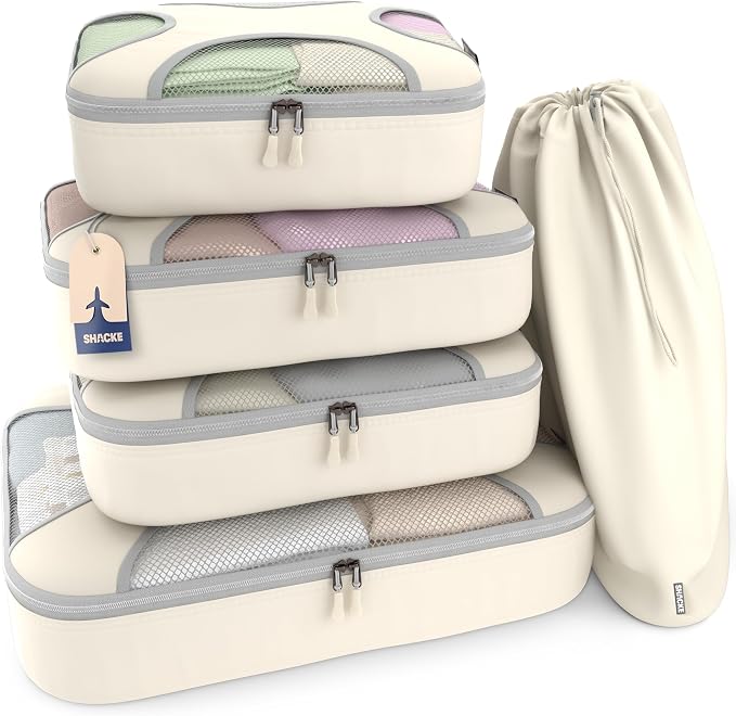 Shacke 5 Set Packing Cubes for Travel with Laundry Bag (Sand) | Suitcase Organizer Bags Set: 4 Water-Resistant Luggage Cubes, XL to Small, + Laundry Bag for Carry-On or Checked