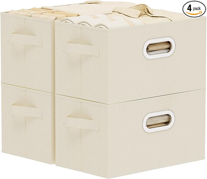 Collapsible Open Storage Baskets,15x9.8x9.8in,Beige,4 Pack | Storage Bins with Metal Handles,Rigid PP Panel Organizer Boxes for Organizing Home,Wipeable Garment Basket Cube for Wardrobe