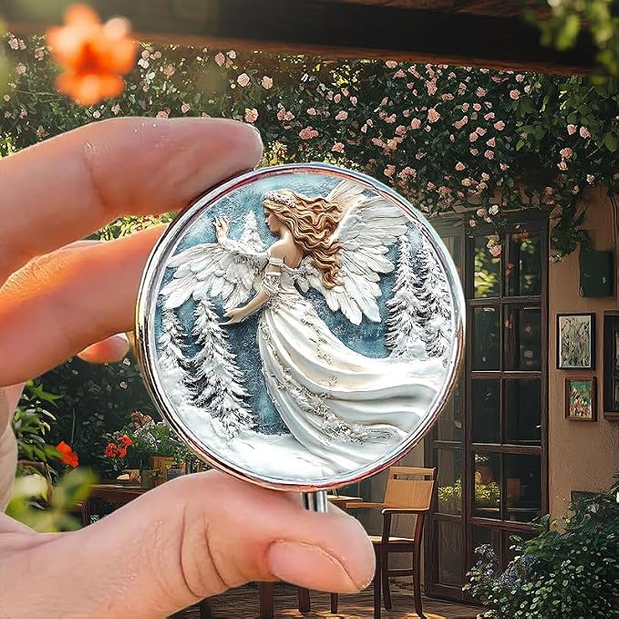 Portable Round 3 Compartment Metal Pill Box Beautiful Winter Angel with Pine Trees for Travel Medication Organization Hiking or Gift Giving