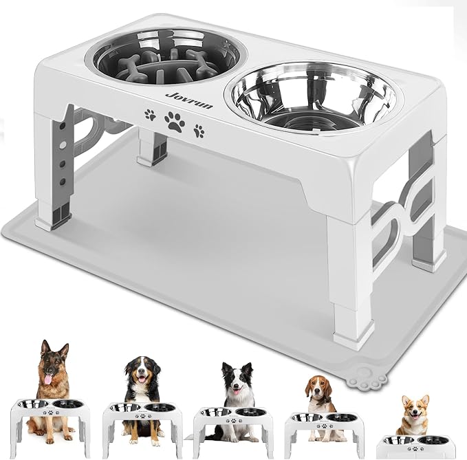 Jovrun Elevated Dog Bowls for Medium Large Dogs with Mat, Non-Slip Dog Feeder with 1*Stainless Steel Dishes & 1*Slow Feeder Bowl, 5 Heights Adjustable Raised Bowls for 3.15″-8.66″-9.84″-11.02″-12.2″