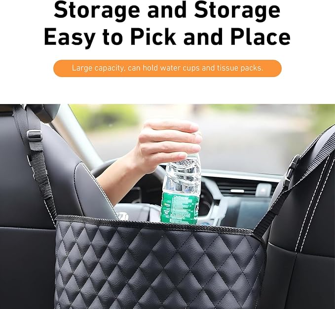 1 PC Car Purse Holder Between Seats, Front Seat Large Capacity Leather Storage Bag, Multi-functional Backseat Barrier Organizer, Auto Console Pocket, for Most Cars, Kids, Pets (Black #B)
