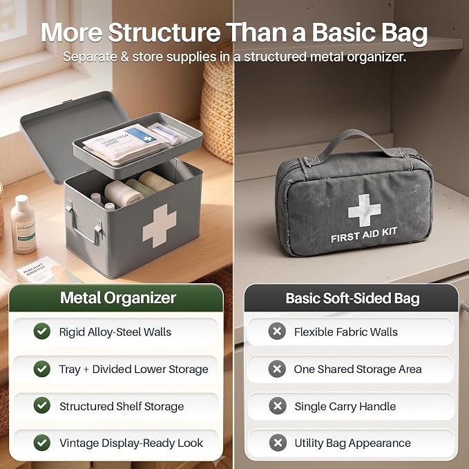 Flexzion Large Metal First Aid Box Empty, 8.5-Inch, Gray with White Cross | Vintage Medicine Box and First Aid Storage Organizer with Removable Tray and Dividers; Empty Box Only, Supplies Not Included