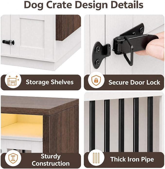 Furniture Dog Crate, 71" Double Dog Crate Furniture Brown & White | with Divider & Power Outlet, Heavy Duty Dog Kennel Furniture for Medium Dogs, Wooden Large Dog Crate with Storage
