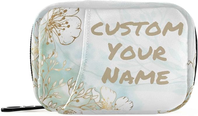 Custom Pill Box 7 Day Pill Case Bag Golden Flowers Personalized Name Travel Pill Organizer Bag with Zipper Portable Weekly Case Compact Size for Vitamin Supplement Holder