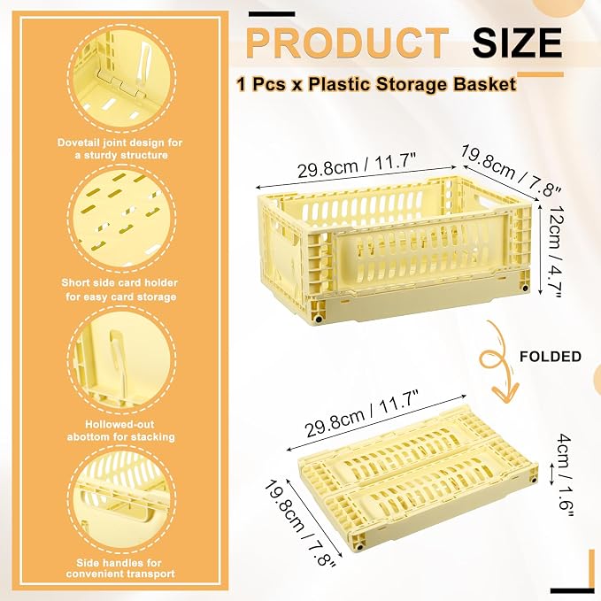 uxcell Collapsible Crates, 11.7x7.8x4.7 Stackable Plastic Storage Baskets with Handle Small Storage Containers for Bedroom Office Classroom Bathroom Desktop Organizer Decor, Yellow