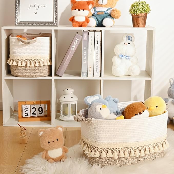 2 Pack Storage Basket for Shelves, Boho Cotton Rope Storage Bins with Heavy Tassel, Shelf Baskets Large Woven Baskets for Organizing, Cube Organizer Bins, Baby Laundry Basket for Clothes, Toys, Pets