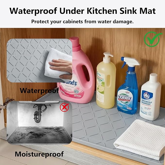 Mateeylife Under Sink Mat Kitchen Waterproof, Silicone Sink Tray 22"X31" | Under Sink Organizer Cabinet Shelf Protective Liner, Multi-use Silicone Mat for Boot Tray & Litter Mat, Light Grey