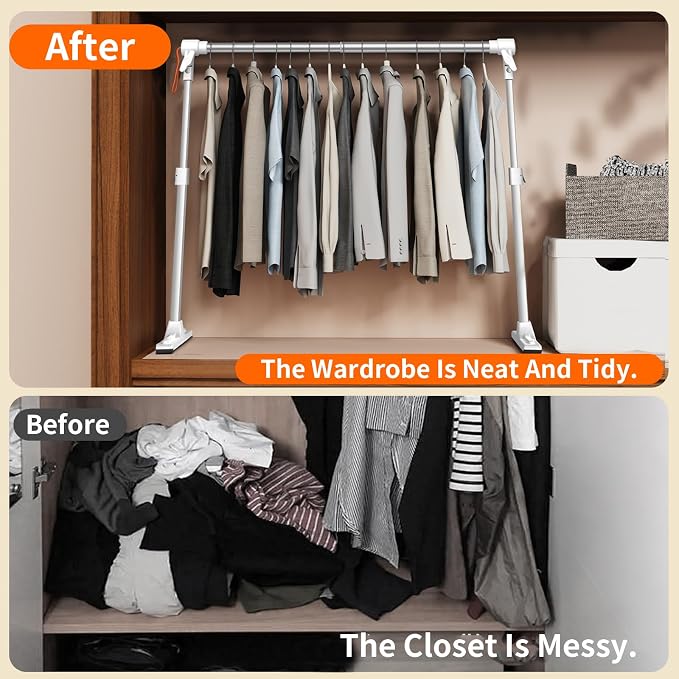Foldable Adjustable Closet Rod20.86-35.43in Width | Aluminum Clothes Hanging Rod,Portable Drying Rack for Closet Storage RV Laundry Small Space,Tool-free installation