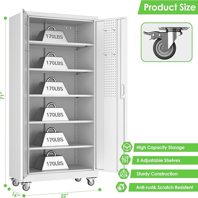 Reemoon White Metal Storage Cabinet with Wheels, Lock and Pegboard | 71 x 32 x 16 in steel cabinet with 5 adjustable shelves, locking doors, casters and door pegboard; assembly required.