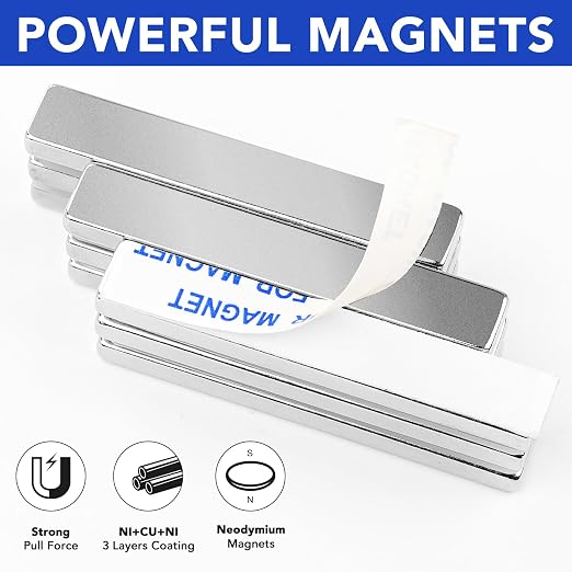 6Pcs Neodymium Magnets with Adhesive Backing 60x10x3mm Silver | Fridge Magnetic Strips Refrigerator Blocks Crafts Extra Super Sticky Bar for Science Experiments Classroom Craft Office
