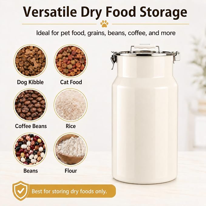 35 lb Dog Food Storage Container, Airtight 304 Stainless Steel Bin | 32 Qt capacity, locking lid, silicone seal ring, top handle, 1 cup scoop, for kibble, dogs and cats