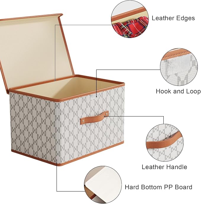 Tuza 4 Pack Fabric Storage Bins with Lids, Collapsible Closet Organizer Container, Decorative Storage Boxes with Lids for Organizing Clothes, Blanket, Grey & White, Large