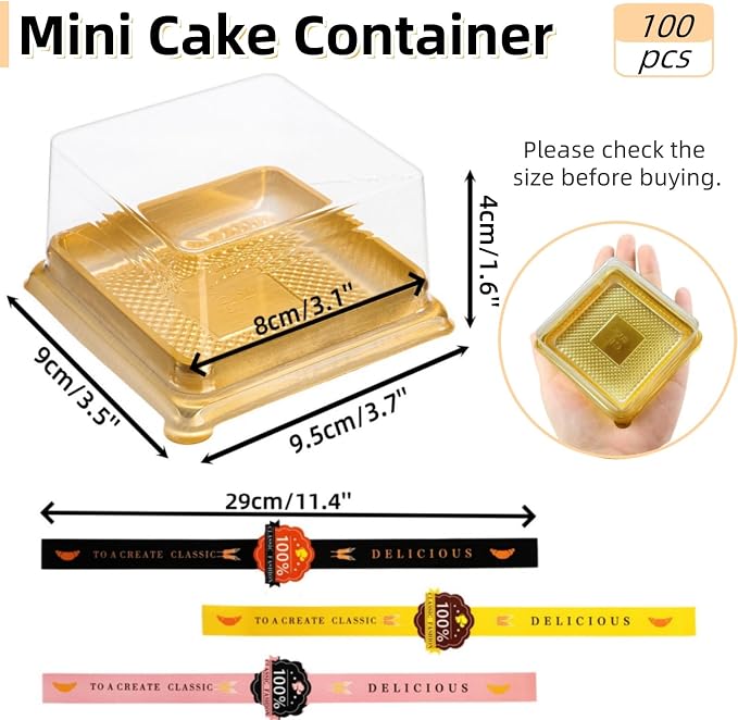 ZAVOOS 100 Pack 3 Inch Mini Cake Container with Lids and Stickers | Small Clear Plastic Cupcake Box, Single Square Muffin Cookies Packing Box for Individual Chocolate, Wedding Party, Birthday