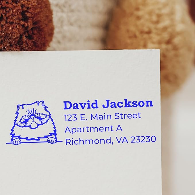 Peeking Colorpoint Persian Cat Wood Handle Return Address Stamp - for Mail | Any standard pad works. Mailing Stamp for Pet Themed Mail. Made to Order Colorpoint Persian Cat Address Ink Stamp. 4 lines.