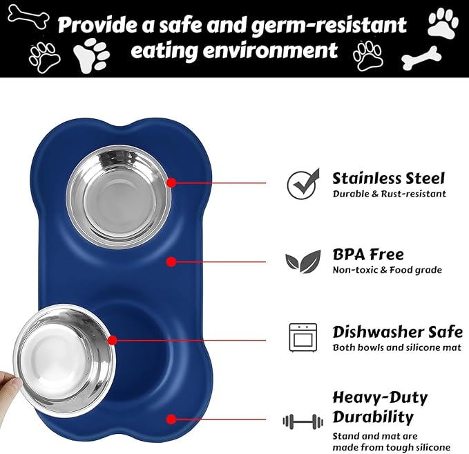 AsFrost Dog Food Bowls Stainless Steel Dog Bowls, Food Water Bowl Set with No Spill Non-Skid Silicone Mat, Dog Dish Double Pet Feeder Bowls for Small Medium Sized Large Dogs Cats Puppy, Blue
