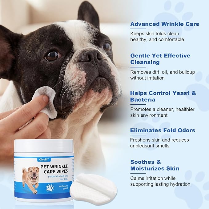 Dog Wrinkle Wipes for Bulldogs & Skin Folds – Gentle Pet Cleaning Wipes for Dogs & Cats, Remove Dirt, Odor & Build-Up from Wrinkles, Tail Pockets & Paws – Alcohol-Free Plant-Based Formula