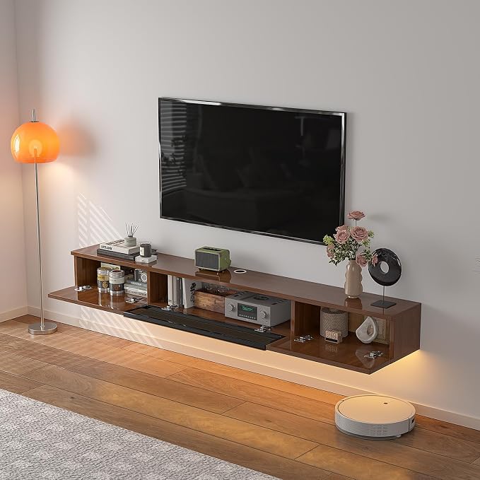 FurniNova 55" Floating TV Stand for 43 50 55 60 inch TV,Modern Plywood Wall Mounted Entertainment Center with Push-to-Open Doors, High Gloss Media Console,Small Space Floating Shelf,Walnut