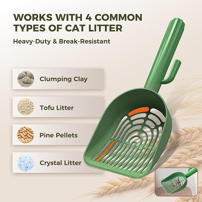 MUTTROS Cactus Cat Litter Scoop with Holder, 2 Replaceable Shovels, Green | Wheat straw plastic; ABS handle; Trash bag storage