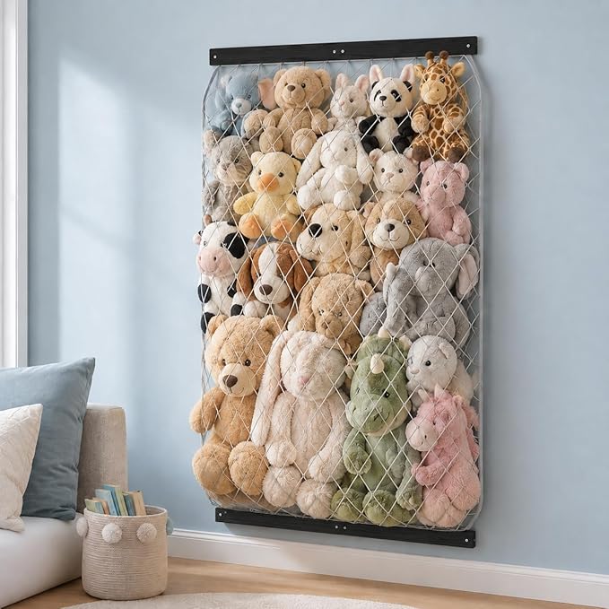 Stuffed Animal Storage Net, Elastic Stuffed Toy Holder,Door/Wall Mount Length Adjustable Hanging Soft Toy Organizer, Plushie Net for Nursery Play Room-Black Boards