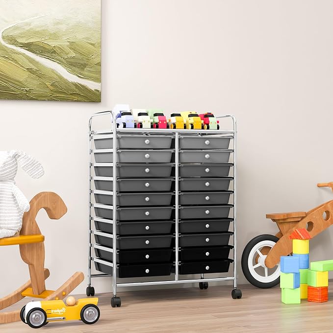 20 Drawer Rolling Storage Cart, Art Cart Organizer with Wheels for Makeup, Tool, Paper, Multipurpose Craft Storage Cart with Drawers for Office, Home, Classroom, School (Gradient Grey)