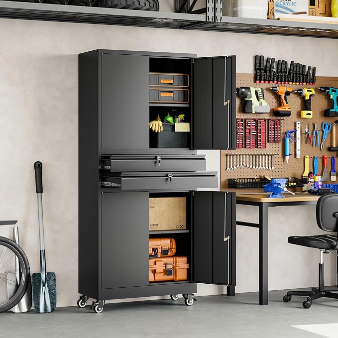 Metal Garage Storage Cabinet with Locking Doors and Adjustable Shelves, 74" Rolling Tool Storage Cabinet with 4 Wheels and 2 Drawer for Garage,Warehouse