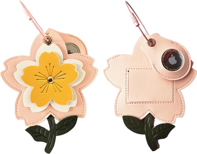 PU Leather Luggage Tag with Airtag Holder Case Set and Name ID Label | Hidden Compartment for AirTag Travel Suitcase Tracking Case with Stainless Steel Loop,Cute Fruit Plant Animals Styles,sakura