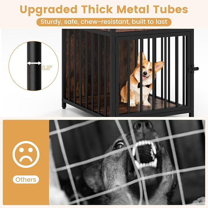 Giantex Dog Crate End Table with Charging Station, Small Dog Kennel Furniture with Drawer, Chew-Resistant Metal Tube, Lockable Door, Indoor Pet Cage Side Table for Small Dogs, Rustic Brown