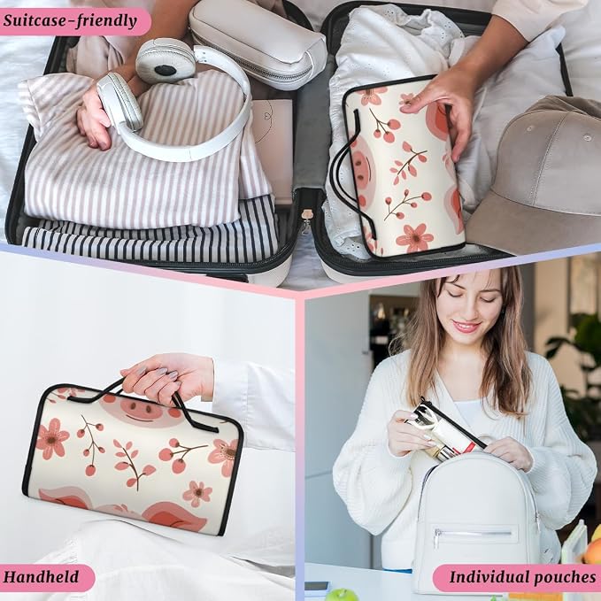 Cute Pig Faces Makeup Bag for Women Hanging Roll-Up Travel Organizer Toiletry Kit with 4 Removable Compartments, Pink Pig