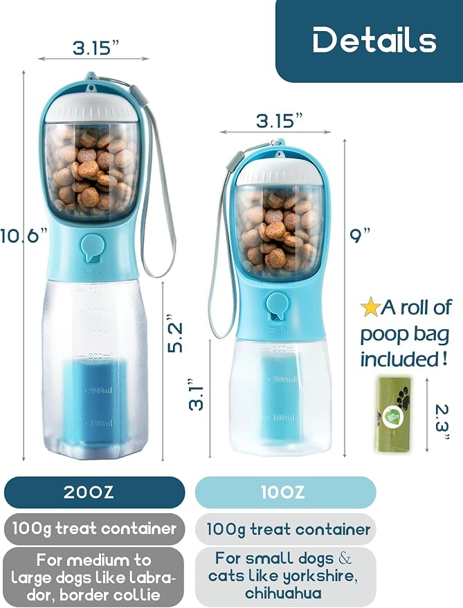 Portable Dog Water Bottle 3 in 1 Pet Travel Bowl Dispenser Treat Container