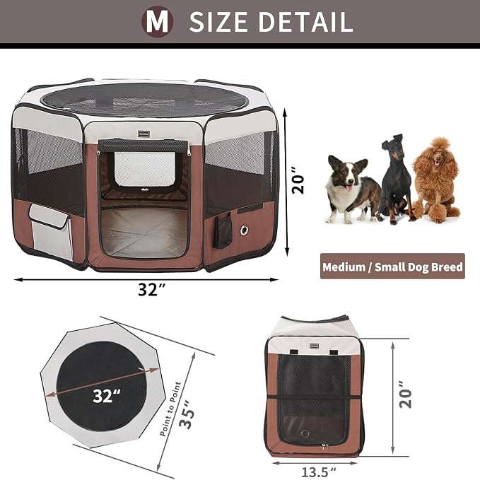 Dog Playpen Portable Pet Play Pens for Small Dog/Cat/Rabbit/Chicks, Cat Playpen Indoor/Outdoor with Carring Case, Removable Zipper Top and Bottom (Brown, Medium (35"x35"x20"), 8)