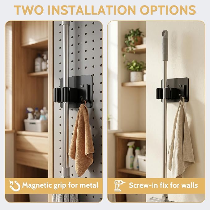 4pcs Magnetic Broom Holder Wall Mount, Black | 12.13lbs Heavy Duty, Mop and Broom Organizer, No Drill Tool Gripper, For Garage Home Office RV & Living Room
